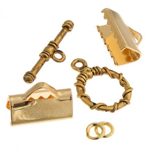 Kumihimo Finding Kit Gold 16mm Flat Braid, Jump Rings, 16mm Ribbon Cord Ends and Toggle Clasp