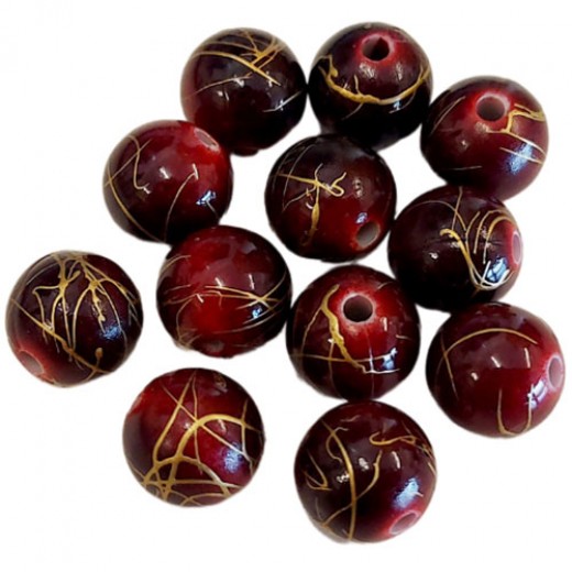 Acrylic Veined Beads, Red Round, 10mm, Pack of 12
