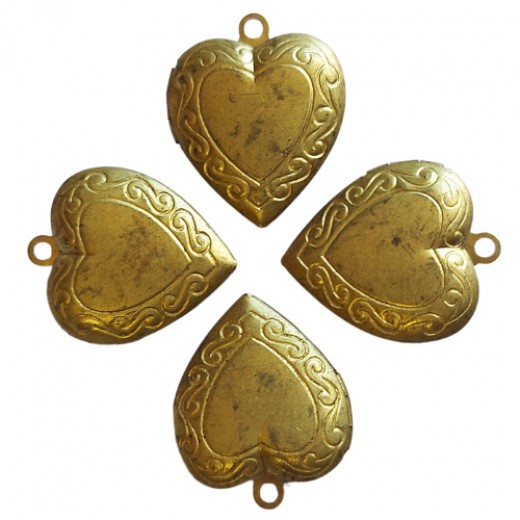 4 Tarnished Antique Brass Coloured Heart Opening Lockets with Scroll Details