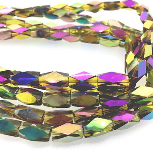 Faceted Clear Indian Glass Strand, 13x7mm, 32 Beads, Yellow Rainbow