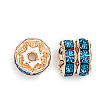 10mm Capri Blue on Gold Rhinestone Rondelles, Pack of 6