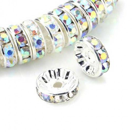 10mm Crystal AB on Silver Rhinestone Rondelles, Pack of 10