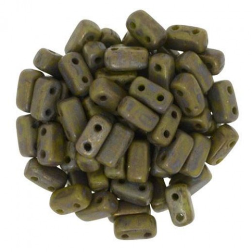 Opaque Olive Copper Picasso Matte 2-Hole Brick Bead - 3 x 6mm - Pack of 50 
