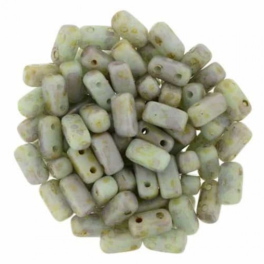 Opaque Pale Turquoise - Copper Picasso 2-Hole Brick Bead - 3 x 6mm - Pack of 50 