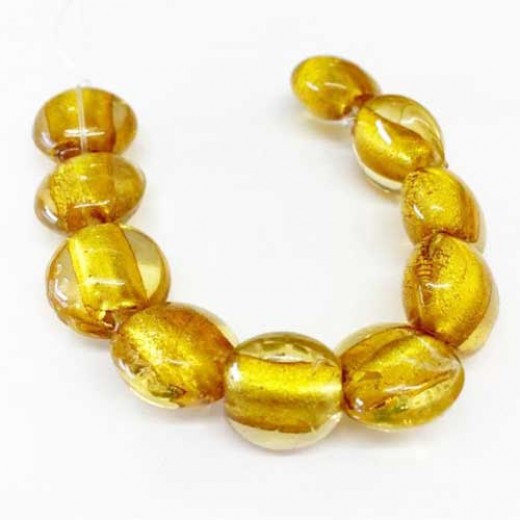 Oval 10mm Foiled Glass Beads, Gold, Strand of 10
