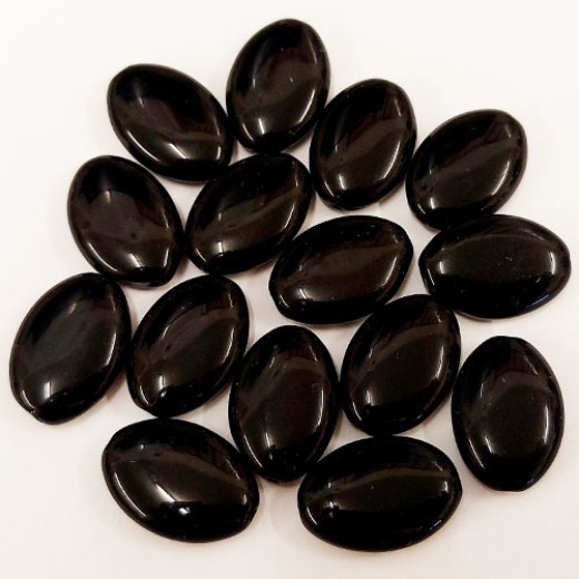 Shiny Black Glass Flat Oval Beads, Pack of 15