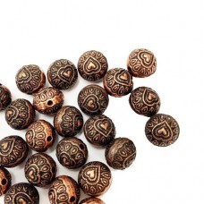 8mm Round Heart Design Beads, Antique Copper Plated, Pack of 5