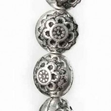 10mm Flat Designed Fancy Bead Antique Silver, Strand of 18