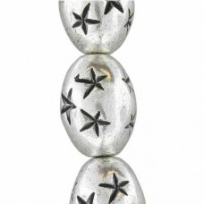 16 x 11mm Starred Oval Beads, Antique Silver Plated, 11 Beads