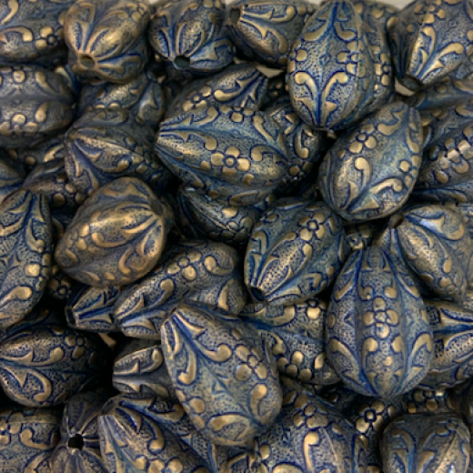 10 x 16mm Blue Denim Brass Fleur de Lis Teardrop Beads, Pack of 4