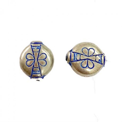 12mm Patterned Blue Denim Silver Beads, Pack of 5