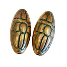 27x7mm Green Patina Brass Long Oval Bead, Pack of 2