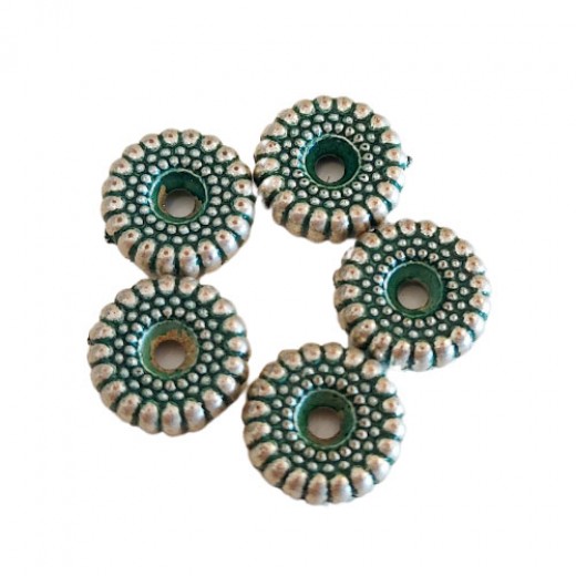 9mm Green Patina Fluted Disk Beads, Pack of 5