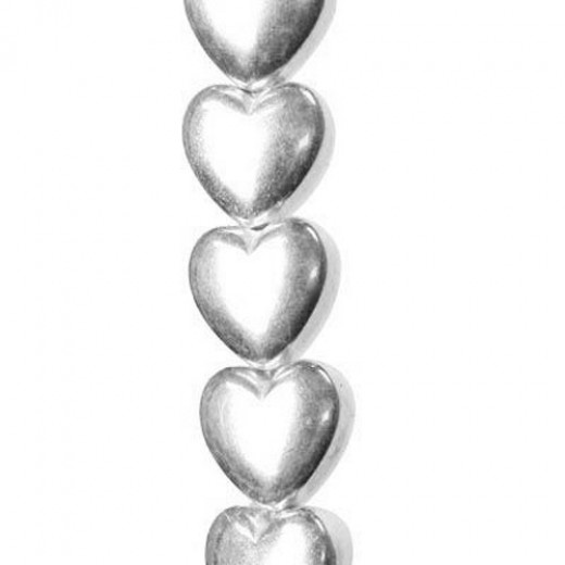 6mm Smooth Puffed Heart Beads, Shiny Silver Plated, 32 Beads