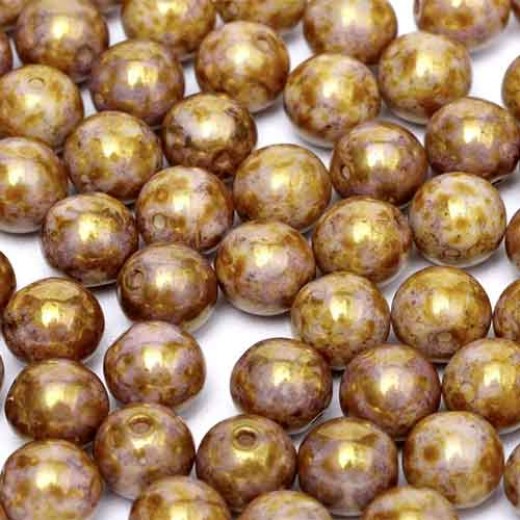 Chalk White Lila Gold Luster 6mm Beads, 20 Pcs