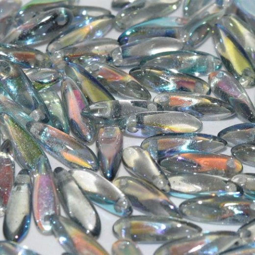 3x11mm Crystal Blue Rainbow Czech Glass Side Drill Daggers, 20 Beads