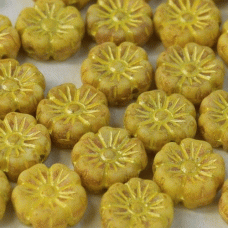 7mm Chalk White Yellow Gold Pressed Glass Flower Beads, pack of 20 beads