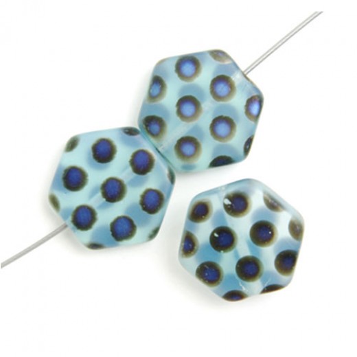 Hexagon Peacock Beads, Blue Opal Azuro Matte, Strand of 12