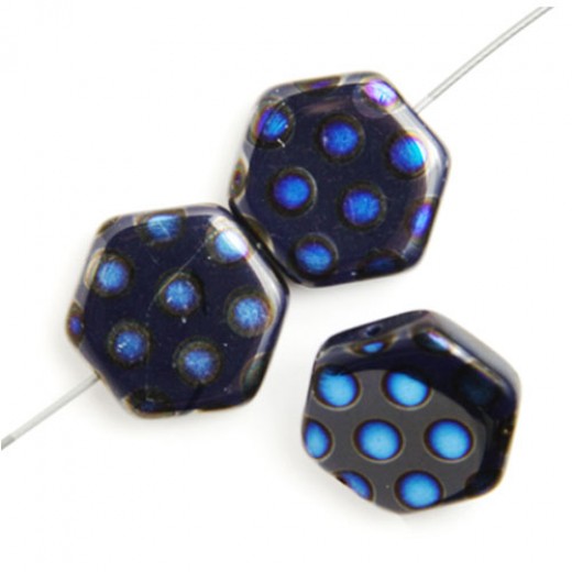 Hexagon Peacock Beads, Dark Blue Azuro, Strand of 12