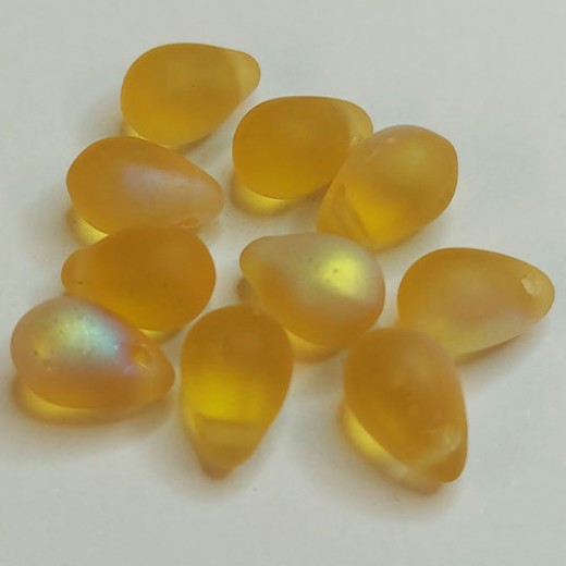 5x7mm Side Drill Czech Glass Tear Drop, Frosted Amber AB, Pack of 10