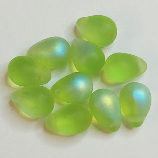 5x7mm Side Drill Czech Glass Tear Drop, Frosted Peridot AB, Pack of 10