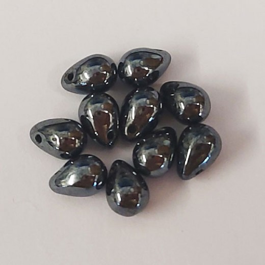 5x7mm Side Drill Czech Glass Tear Drop, Hematite, Pack of 10