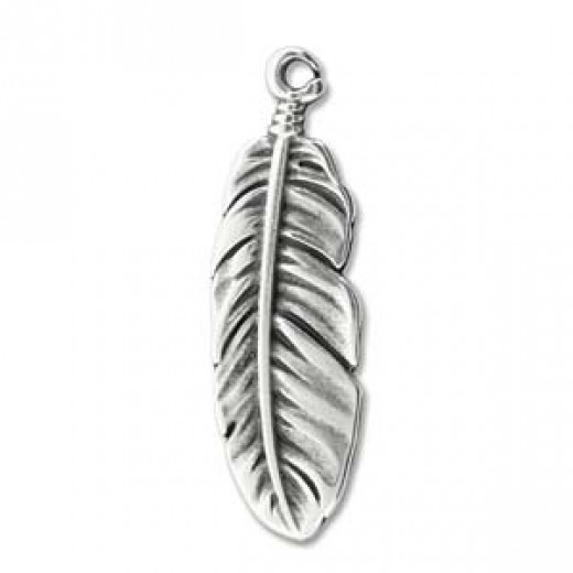 Small  Boho Feather Charm 18.5 x 5mm, Antique Silver Colour