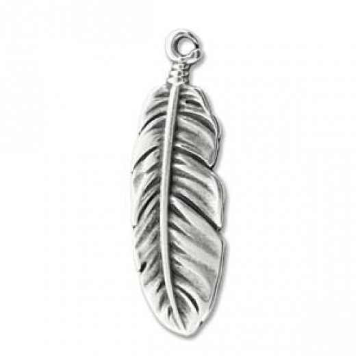 Large Boho Feather Charm 35 x 10.5mm, Antique Silver Colour