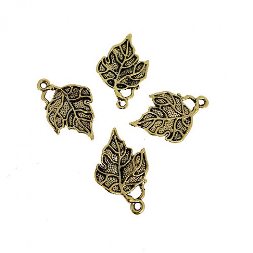 Detailed Leaf Charms, Gold Colour, 17 x 26mm, Pack of 4