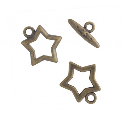 15mm Fancy Star Toggle Clasps, Antique Gold  Colour, Pack of 2