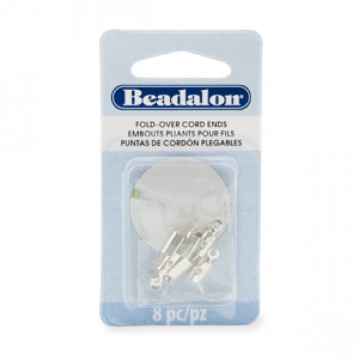 Cord Ends, Fold-Over, 4.6mm  O.D., 12mm length, Silver Plated E-Coat,8 pc