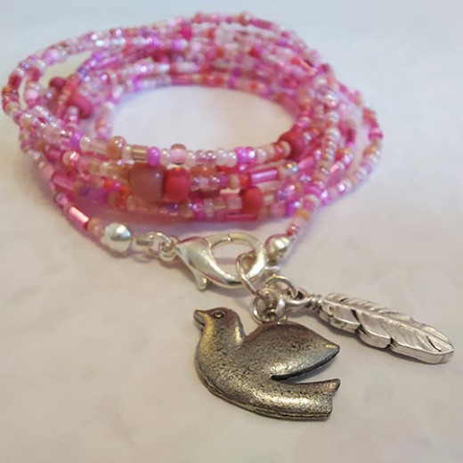 Pink Dove and Feather Charm Seed Bead Wrap Bracelet Kit