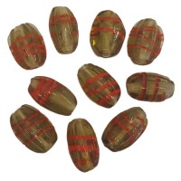 Olive Green Glass Oval Beads with Red Stripe Details, Pack of 10