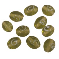 Olive Green Glass Oval Beads with White Swirl Details, Pack of 10