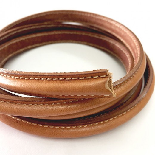 D Shape Hollow Stitched Leather, Natural, 1 Metre Length