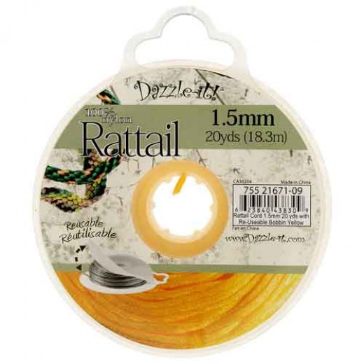 1.5mm Rattail Cord, Yellow, 20 yds with Re-Useable Bobbin