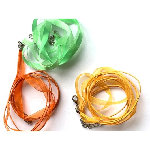 Bundle of 3 Ready Made Ribbon Necklaces, one Orange, one Yellow and one Green