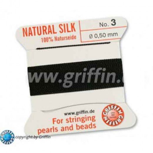 Black Griffin Silk Thread with Needle, Size 3, 0.50mm dia. 2m long