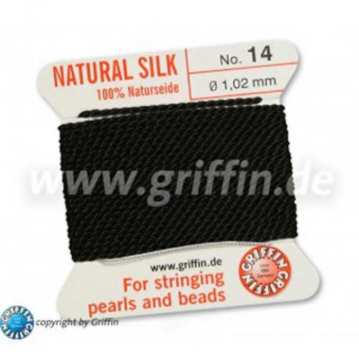 Black Griffin Silk Thread with Needle, Size 16,  1.05mm dia. 2m long