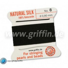 Black Griffin Silk Thread with Needle, Size 8, 0.80mm dia. 2m long