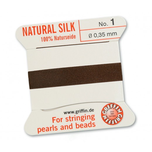 Brown Griffin Silk Thread with Needle, Size 1, 0.35mm dia. 2m long