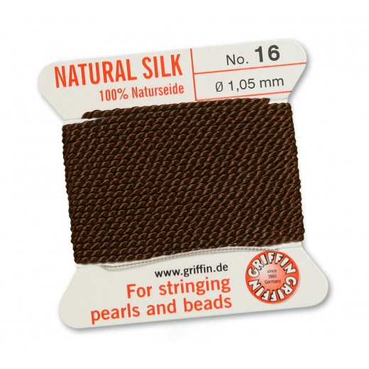 Brown Griffin Silk Thread with Needle, Size 16,  1.05mm dia. 2m long