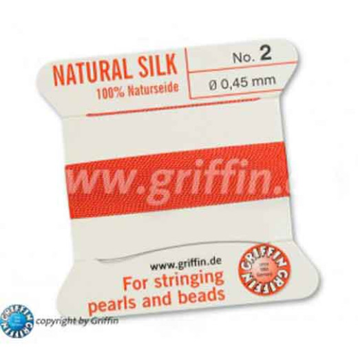 Coral Griffin Silk Thread with Needle, Size 2, 0.45mm dia. 2m long. Coral Griffin Silk Thread with Needle, Size 2, 0.45mm dia. 2m long.