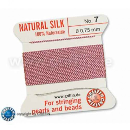Dark Pink Griffin Silk Thread with Needle, size  7, 0.75mm dia. 2m long
