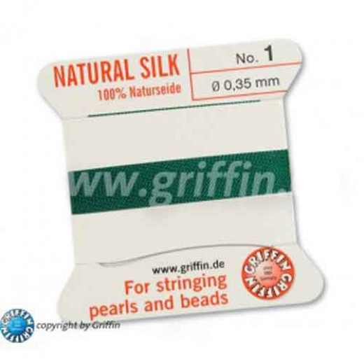 Green Griffin Silk Thread with Needle, Size 1, 0.35mm dia. 2m long