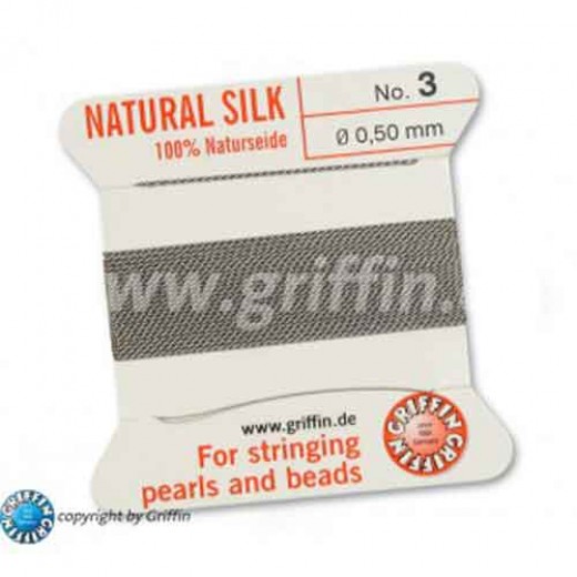 Grey Griffin Silk Thread with Needle, Size 3, 0.50mm dia. 2m long