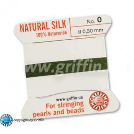 Olive Griffin Silk Thread with Needle, Size 0, 0.30mm dia. 2m long