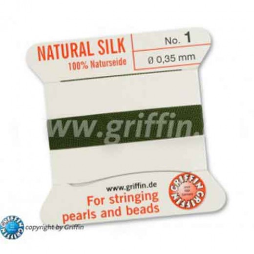 Olive Griffin Silk Thread with Needle, Size 1, 0.35mm dia. 2m long