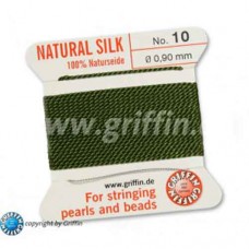 Olive Griffin Silk Thread with Needle, Size 10, 0.90mm dia. 2m long