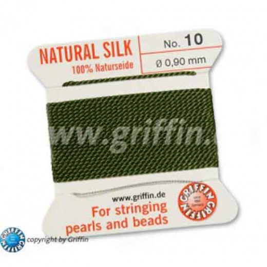 Olive Griffin Silk Thread with Needle, Size 10, 0.90mm dia. 2m long